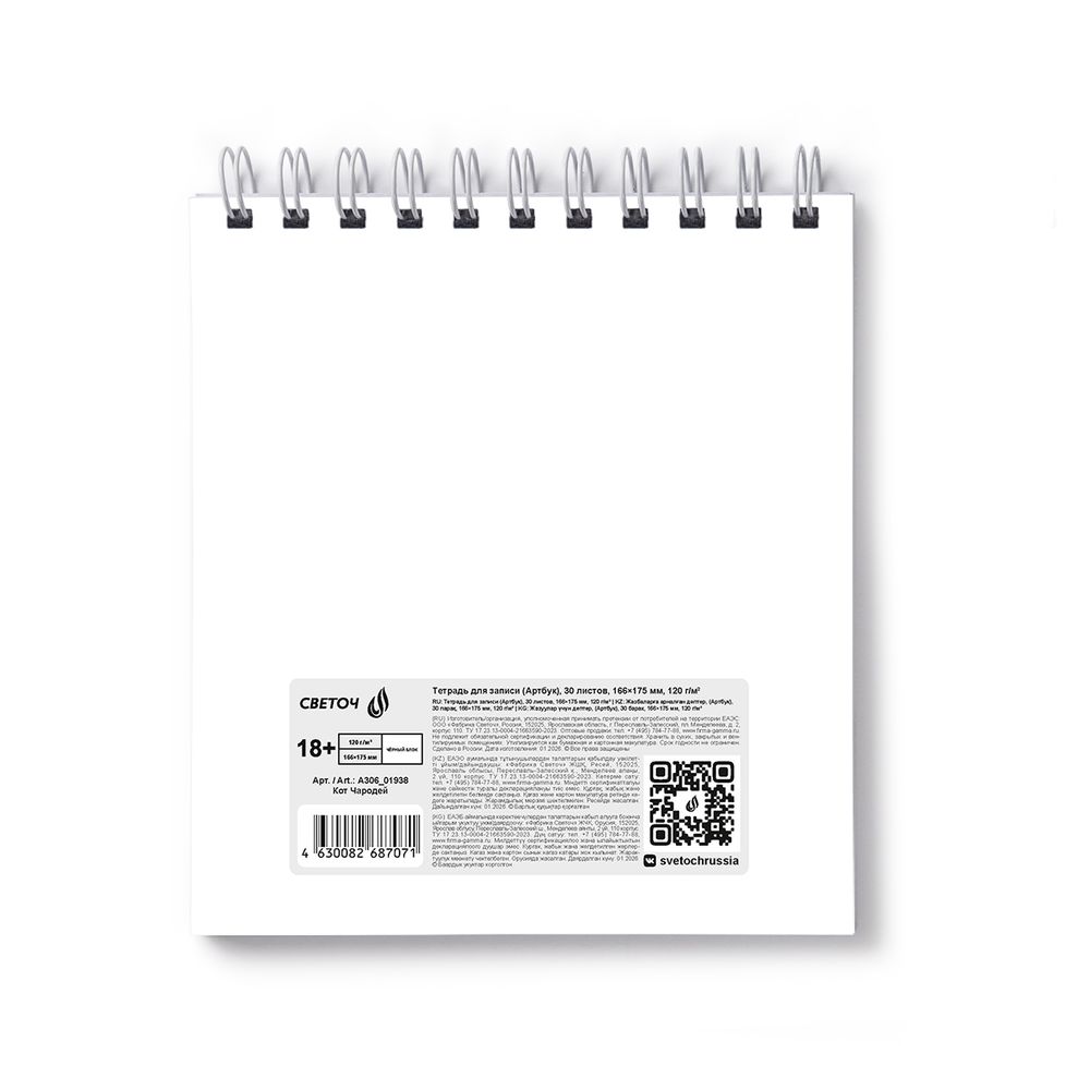 Артбук (Скетчбук), блок черный, жесткая подложка, 120 г/м², 166х175 мм, на гребне 30 л. 2 шт, Кот Чародей 01938, Светоч А306