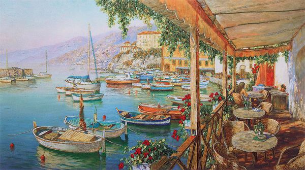 Набор для вышивания нитками Panna, Живая картина, Завтрак в кафе у причала, 31х17,5 см