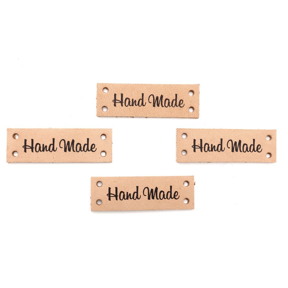 Набор кожаных бирок пришивных "Hand Made" 1,4х4см, цв. бежевый, уп.8 шт