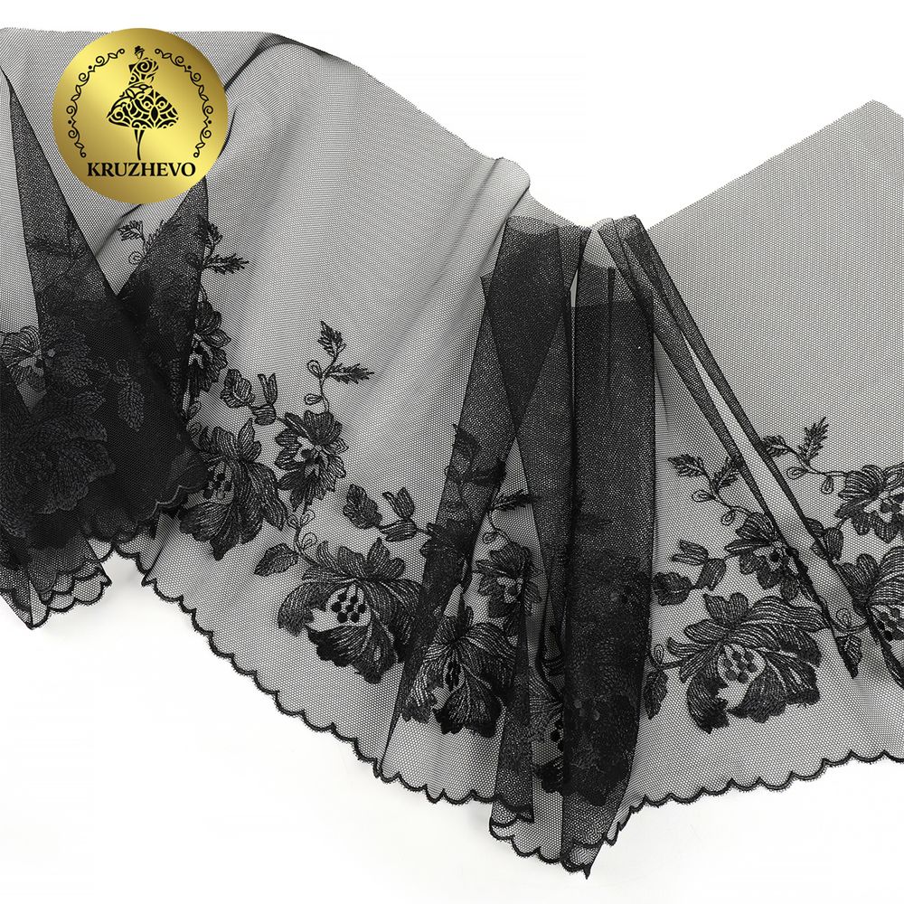 Кружево на сетке Kruzhevo широкое 225 мм, OG44, цв.черный, левая уп.6м /TOS/