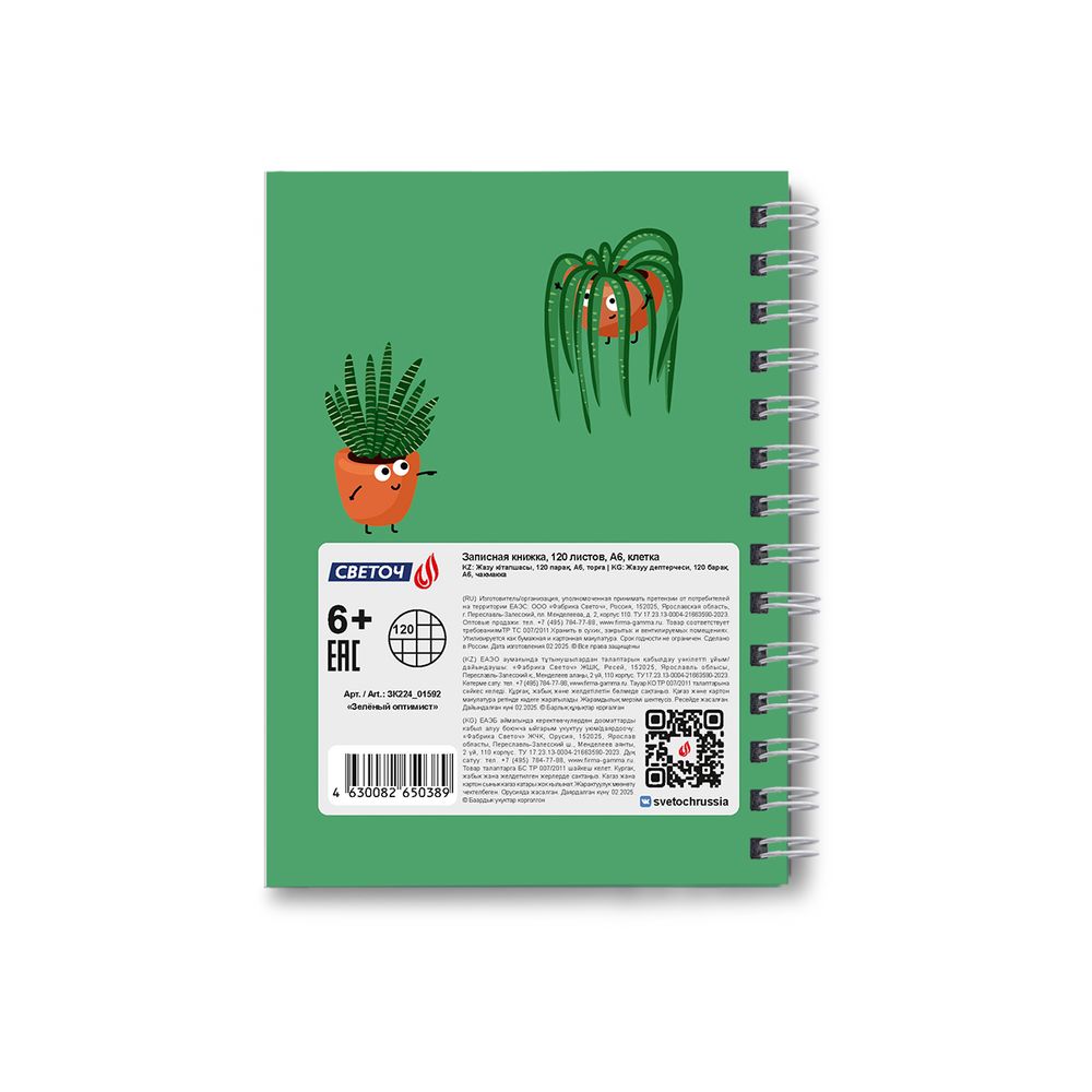 Записная книжка с твердым переплетом, матовая ламинация + выборочный лак, на гребне A6 120 л. 4 шт клетка, Зелёный оптимист 01592, ЗК224 Светоч