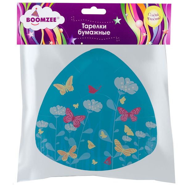 Тарелки бумажные Треугольные 23 см, 6х6 шт, 01- бабочки, Boomzee TRL-04