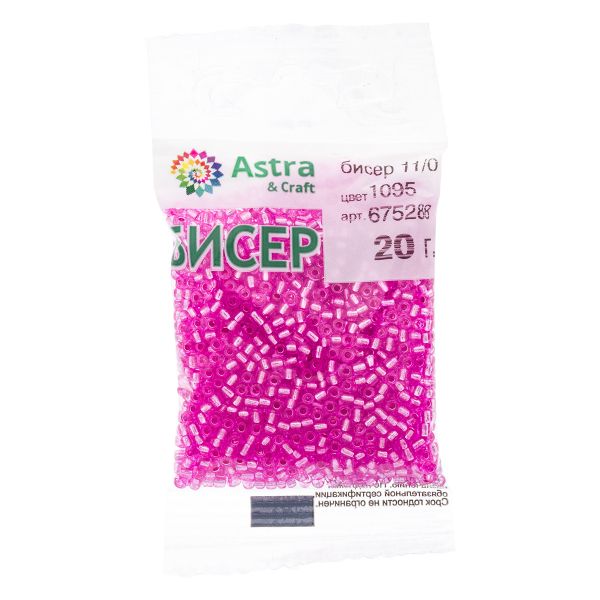 Бисер Astra&Craft 11/0 (2.1 мм), 200 г (10х20 г), цв. 1095 фуксия/прозр.серебрист.центр круг.отв.