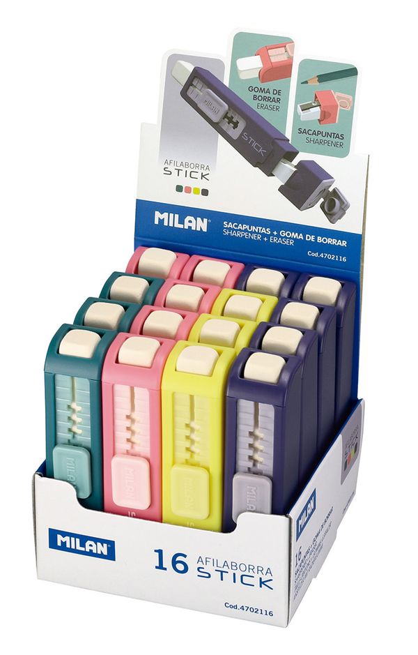 Ластик-точилка Stick с выдвижным ластиком 1 отверстие 16 шт, ассорти 4702116, Milan