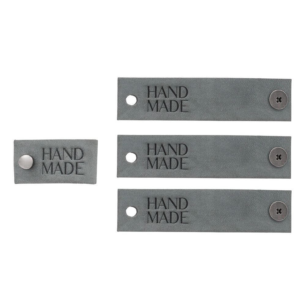 Кожаные бирки с тиснением на кнопке Hand Made 17х70 мм, 4 шт, серый