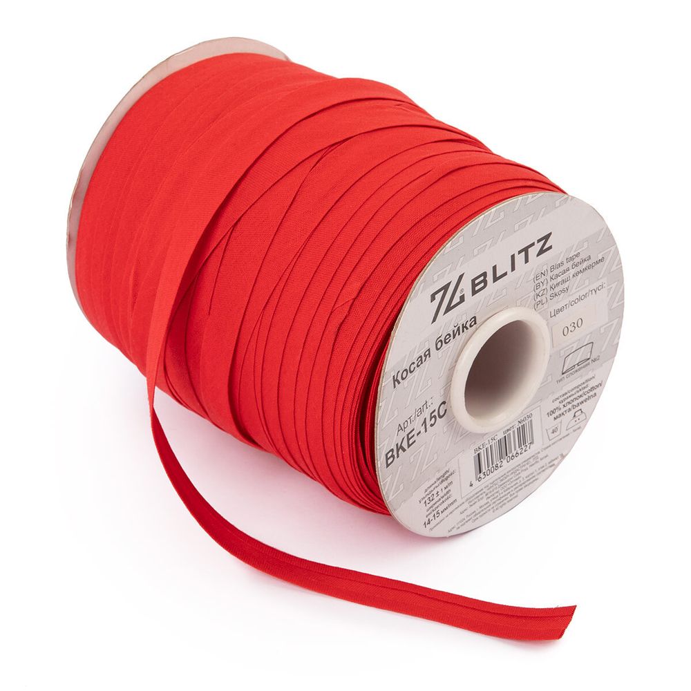 Косая бейка хлопковая 15 мм / 132±1 метра, 030 алый, Blitz BKE-15C