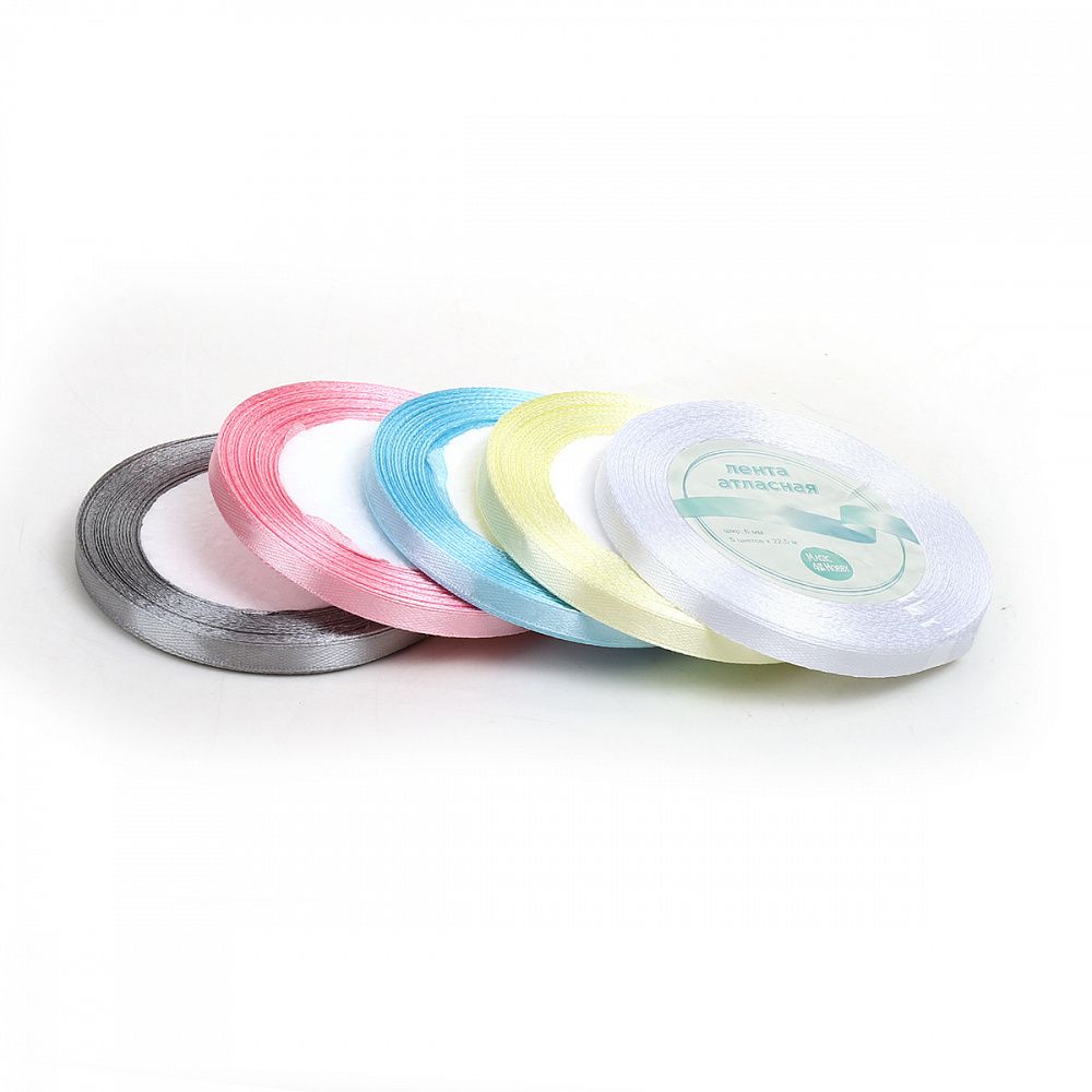 Лента атласная 1-сторонняя 6.0 мм / 5 шт по 22.5±1 метра, набор Пастель1, Magic4Hobby