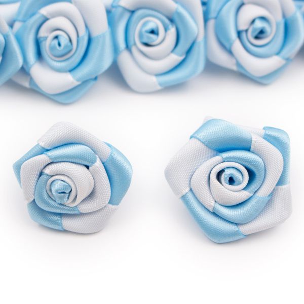 Цветы пришивные двухцветные Роза 2.5 см (311/029 св.голубой/белый), 10 шт
