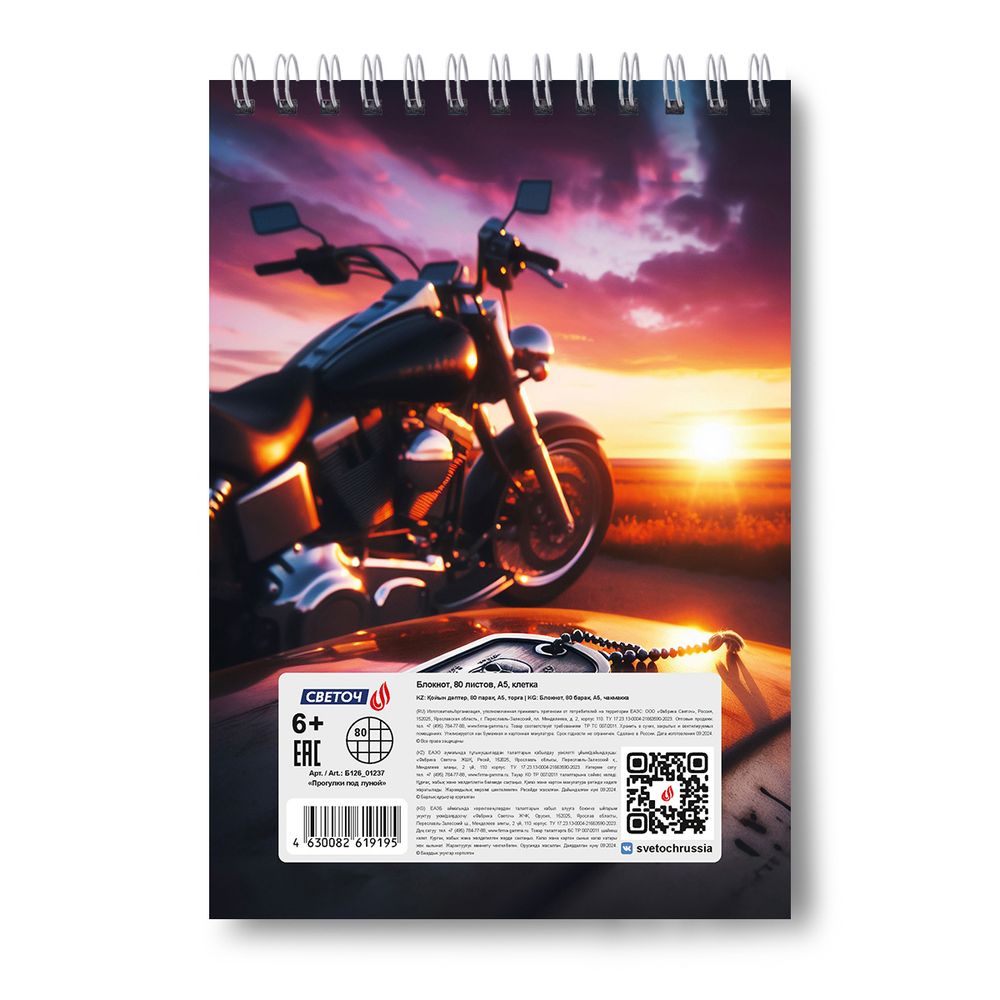 Блокнот на гребне A5 80 л., 4 шт, клетка, Прогулки под луной 01237, Светоч Б126