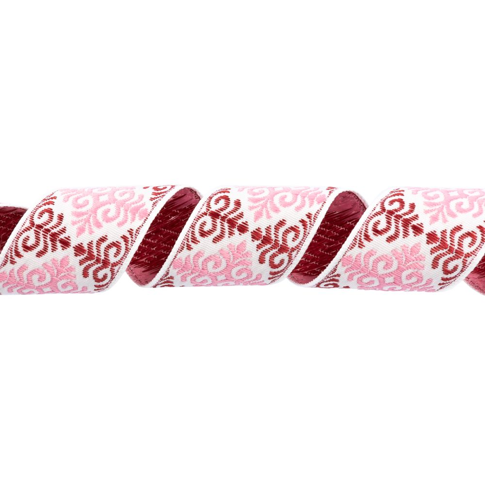 Лента (тесьма) жаккардовая 32.0 мм / 25 метров, Орнамент для северных народов, рис 9788 белый-бордовый-розовый, Gamma С3774