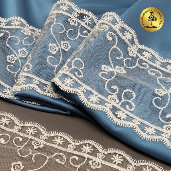 Кружево на сетке широкое 120 мм, цв.W0115 молочный, уп.13.7м, Kruzhevo