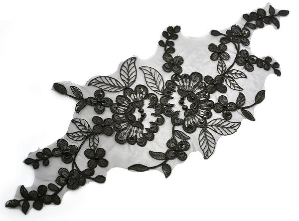 Пришивная кружевная аппликация с пайетками и бусинами уп., 2 шт, цв.01 черный 420x190 мм, Kruzhevo