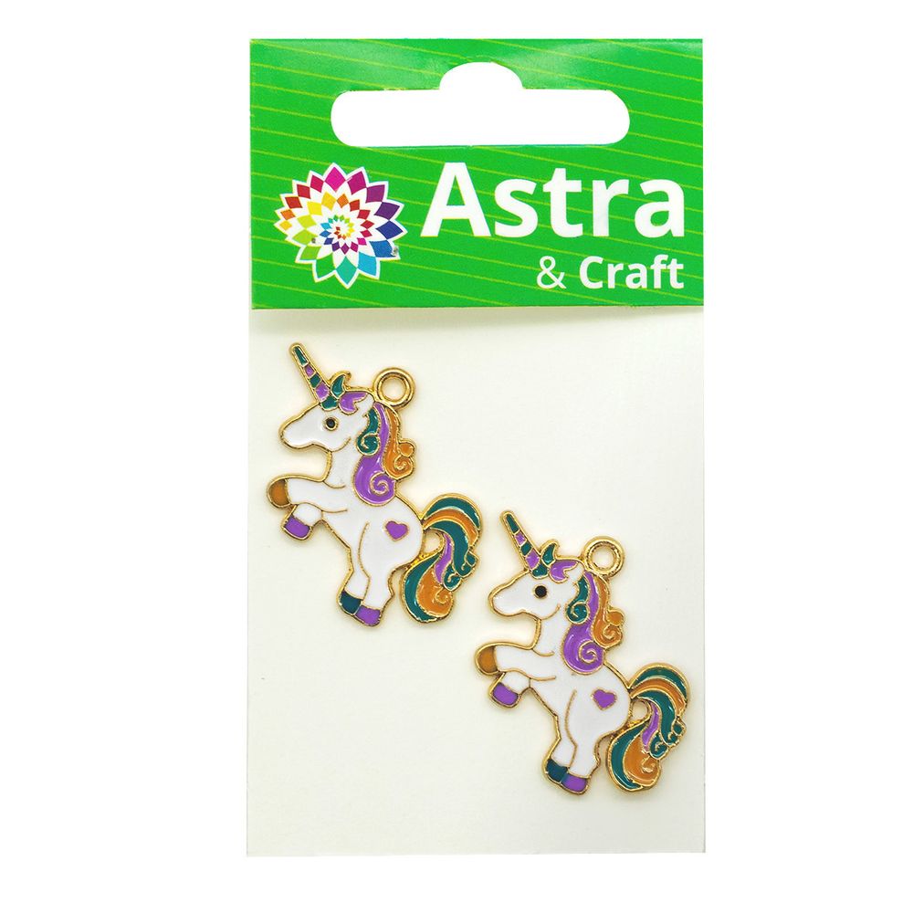 Подвеска металлическая с эмалью белый единорог, 34 мм, 2 шт в упак, Astra&Craft