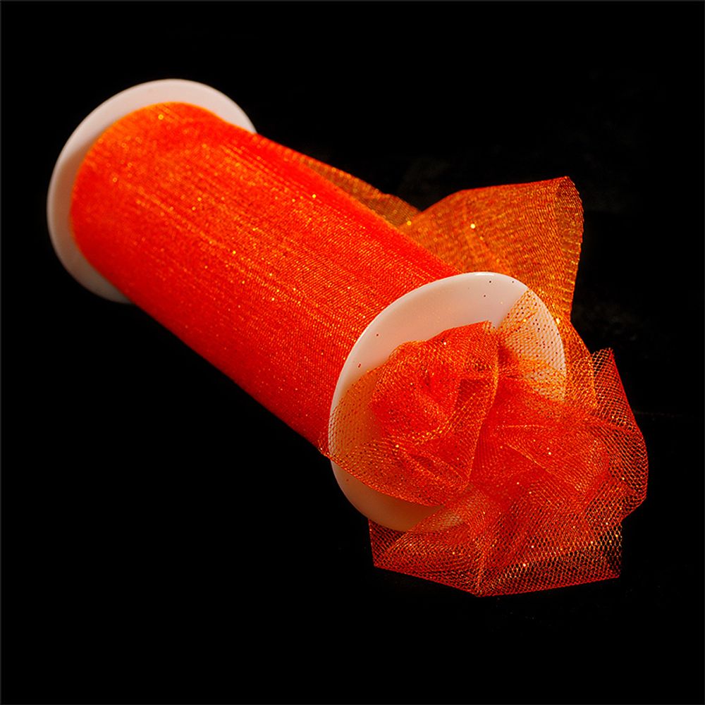 Фатин на шпульке с глиттером, средняя жесткость, 100% п/э, 150 мм цв. 13 оранжевый, упак 9,14м