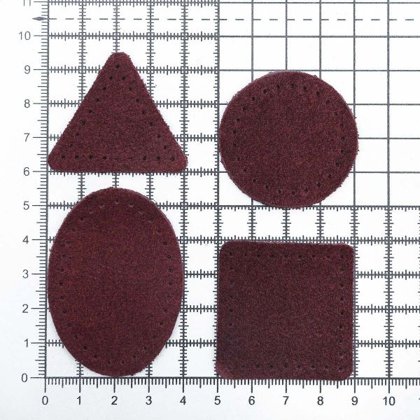 Набор заплаток пришивных из замши, круг, квадрат, треугольник, овал 4см, с перфорацией, 4 шт (31 бордовый), 59703
