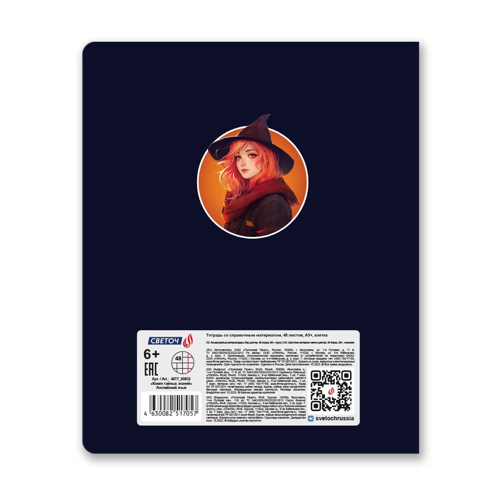 Тетрадь со справочным материалом Ковен тайных знаний, A5+ 48 л. на скобе 65 г/м², белизна 100%, 10 шт, клетка, 00852 Английский язык, Светоч 48Т7