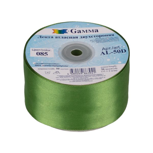Лента атласная 2-сторонняя 50.0 мм / 33±2 метра, 085 серо-зеленый, Gamma AL-50D