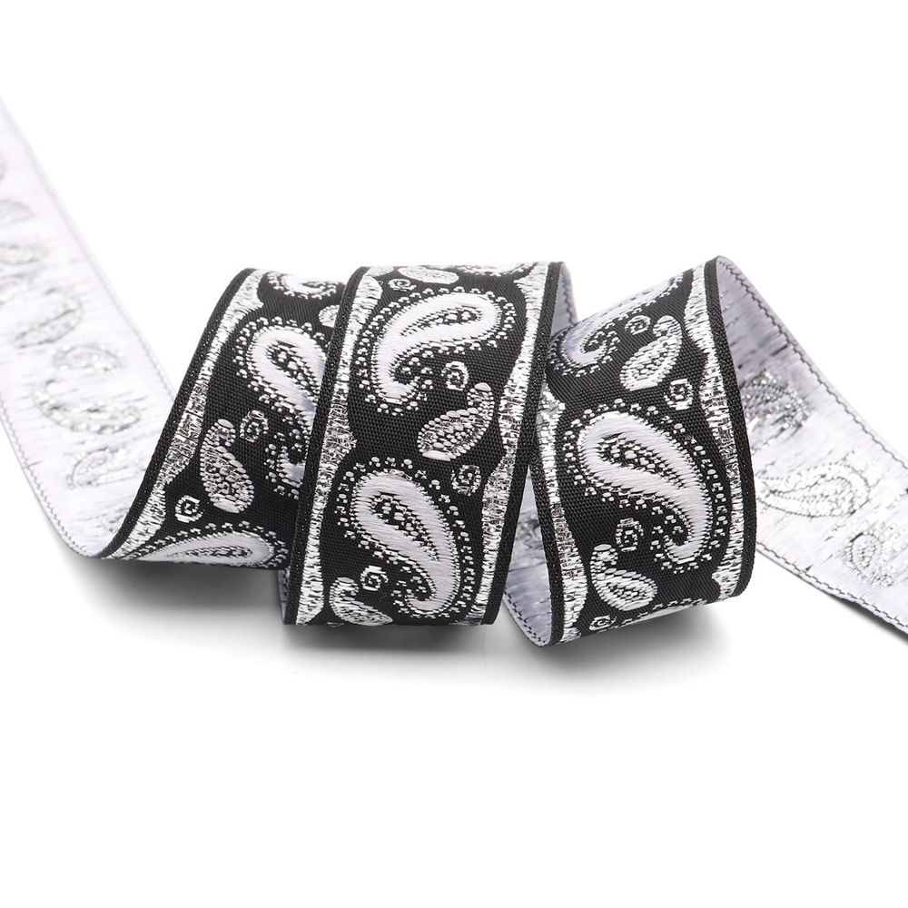 Лента (тесьма) жаккардовая 22.0 мм / 10±0.5 метров, Пейсли, 22807 черный/серебро