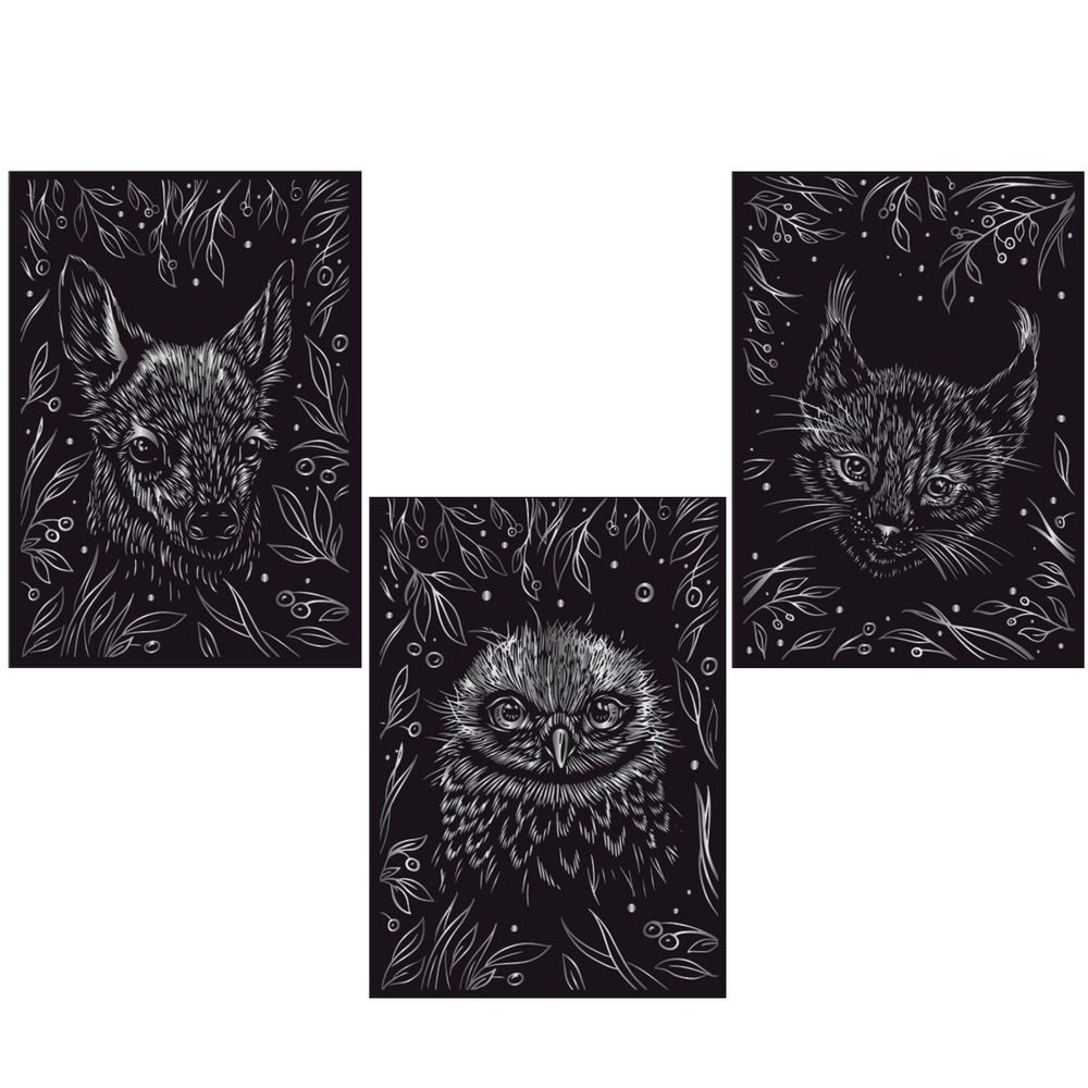 Набор для творчества Гравюра мини Пушистые малыши (серебро), 10х15 см, 1х3 шт, Hobbius GHPM-11