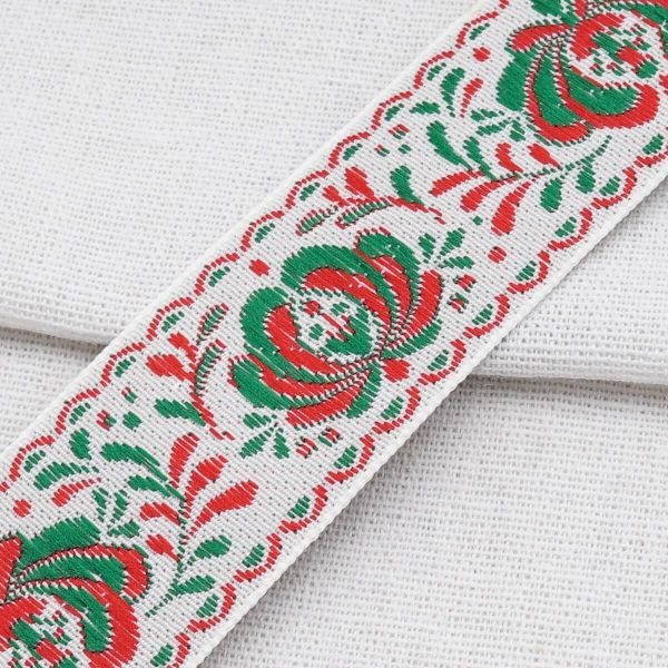 Лента (тесьма) жаккардовая 32.0 мм / 25±1 метров, рис. 9581 Гжель, (4 белый/красный/зеленый) С1853Г17
