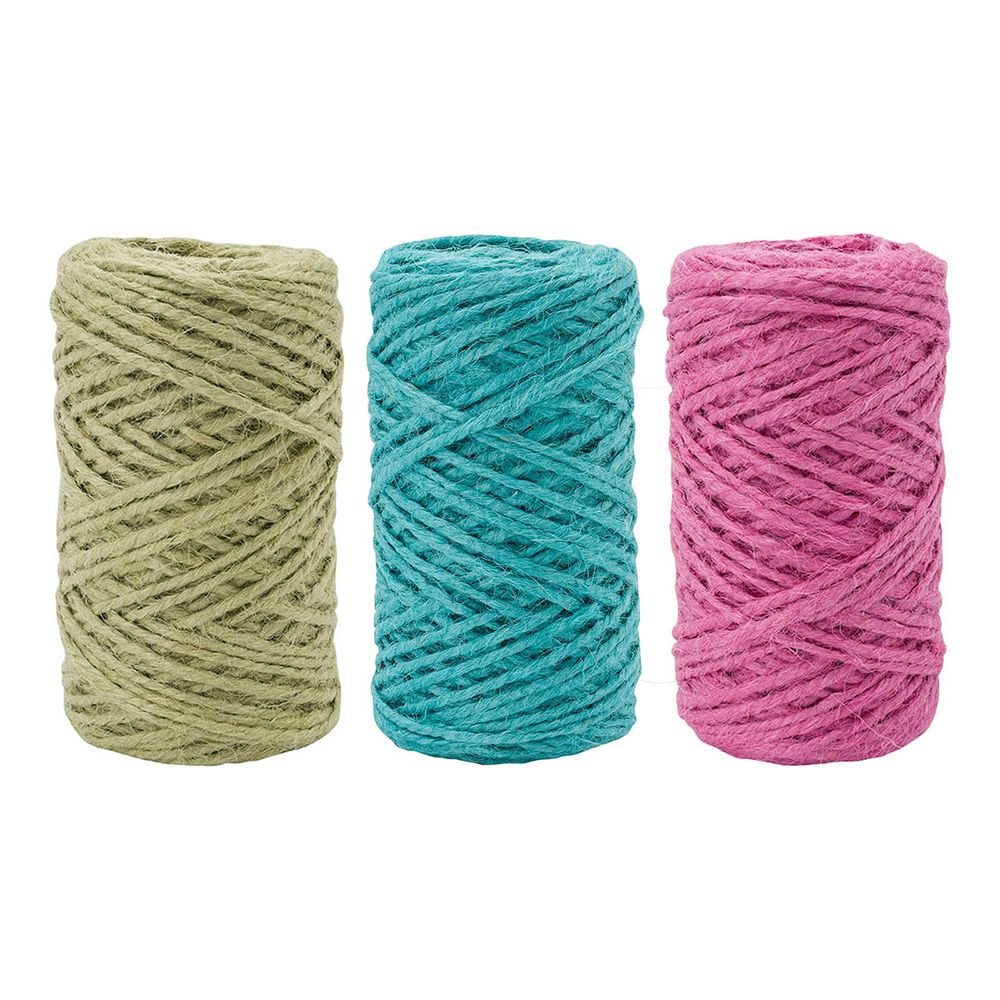 Шпагат джутовый ⌀1.4 мм / 50 метров (50 г), 2-ниточный, 1200 текс, евробобина, 3 шт, ассорти 1 (оливковый, розовый, бирюзовый)