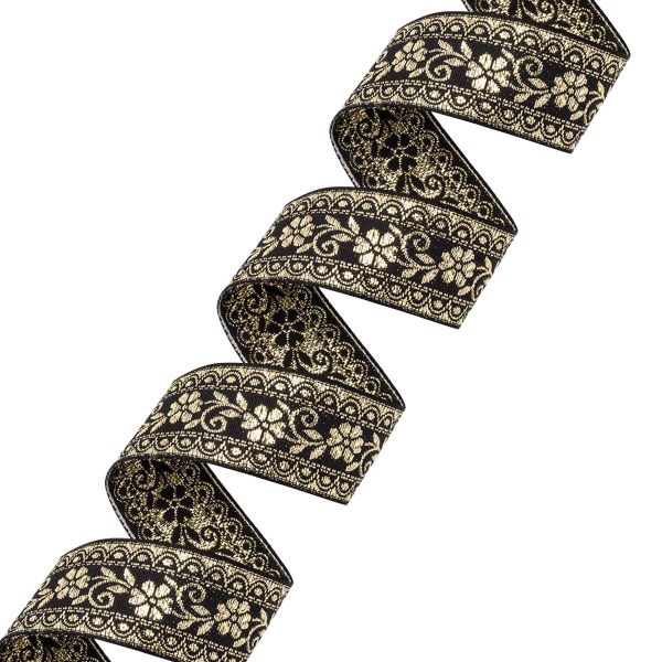 Лента (тесьма) жаккардовая 32.0 мм / 25±1 метров, с метанитом рис. 9842, черный/золото, С3104Г17