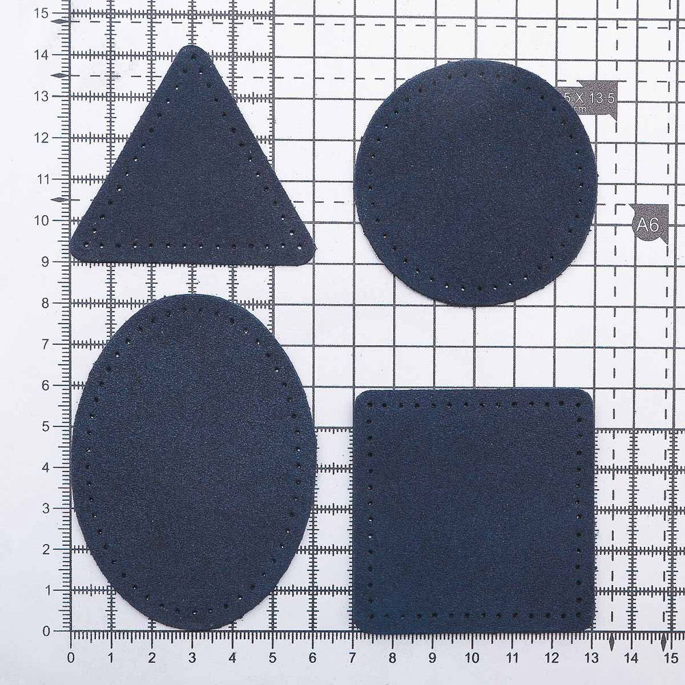 Набор заплаток пришивных из замши, круг, квадрат, треугольник, овал 6см, с перфорацией, 4 шт (22 темно-синий), 59723