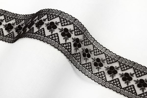 Кружево на сетке 59 мм / 10 м, черный, Gamma GKM-5902