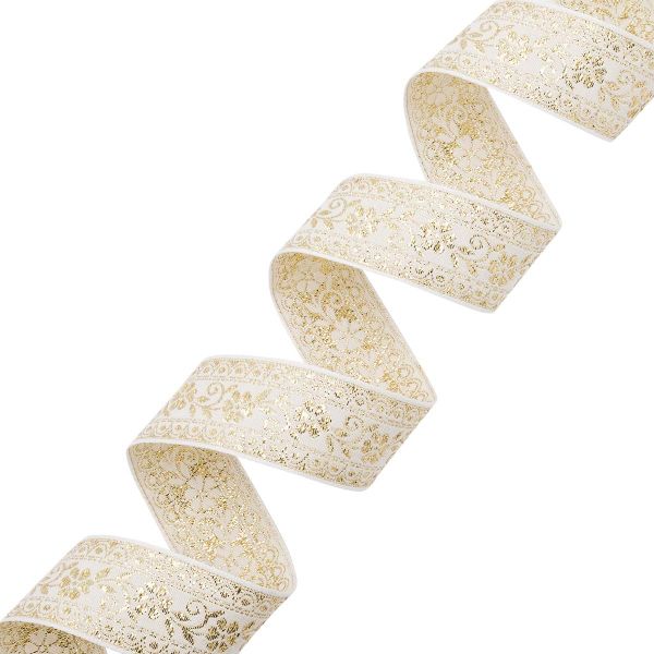 Лента (тесьма) жаккардовая 32.0 мм / 25±1 метров, с метанитом рис. 9842, белый/золото, С3104Г17