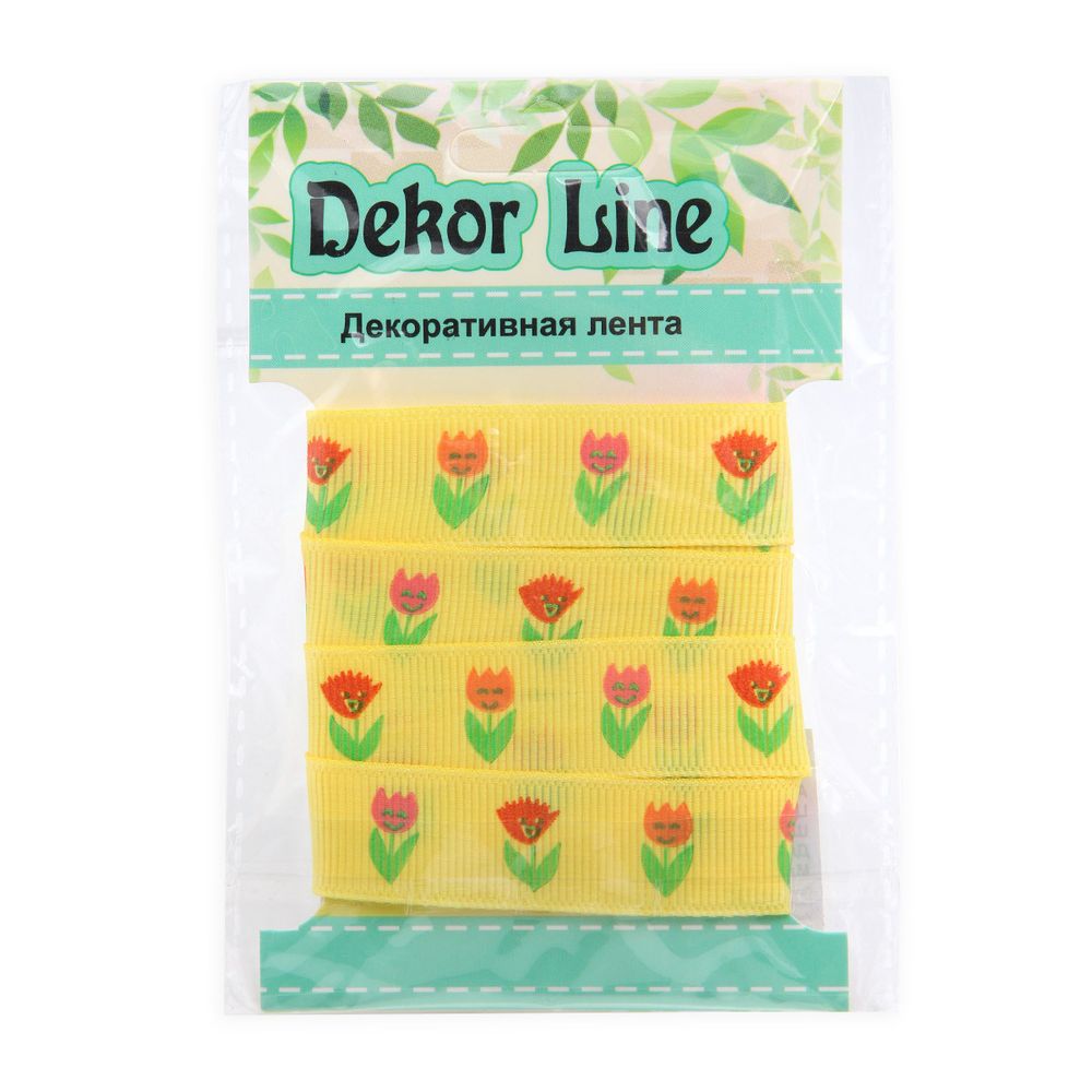 Лента репсовая (в рубчик) Тюльпаны, 15 мм, 3м, желтый