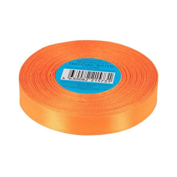Лента атласная 1-сторонняя 12.0 мм / 33±2 метра, №511N(15-1360) оранжевый(неон), Gamma