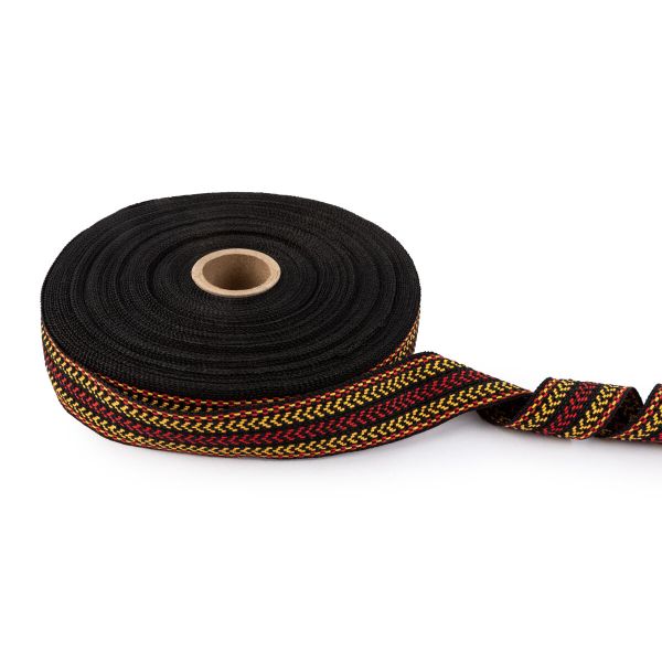 Лента (тесьма) жаккардовая 30.0 мм / 25±1 метров, Орнамент для северных народов, рис 9870 №4 черн/красн/желтый, Gamma C3881