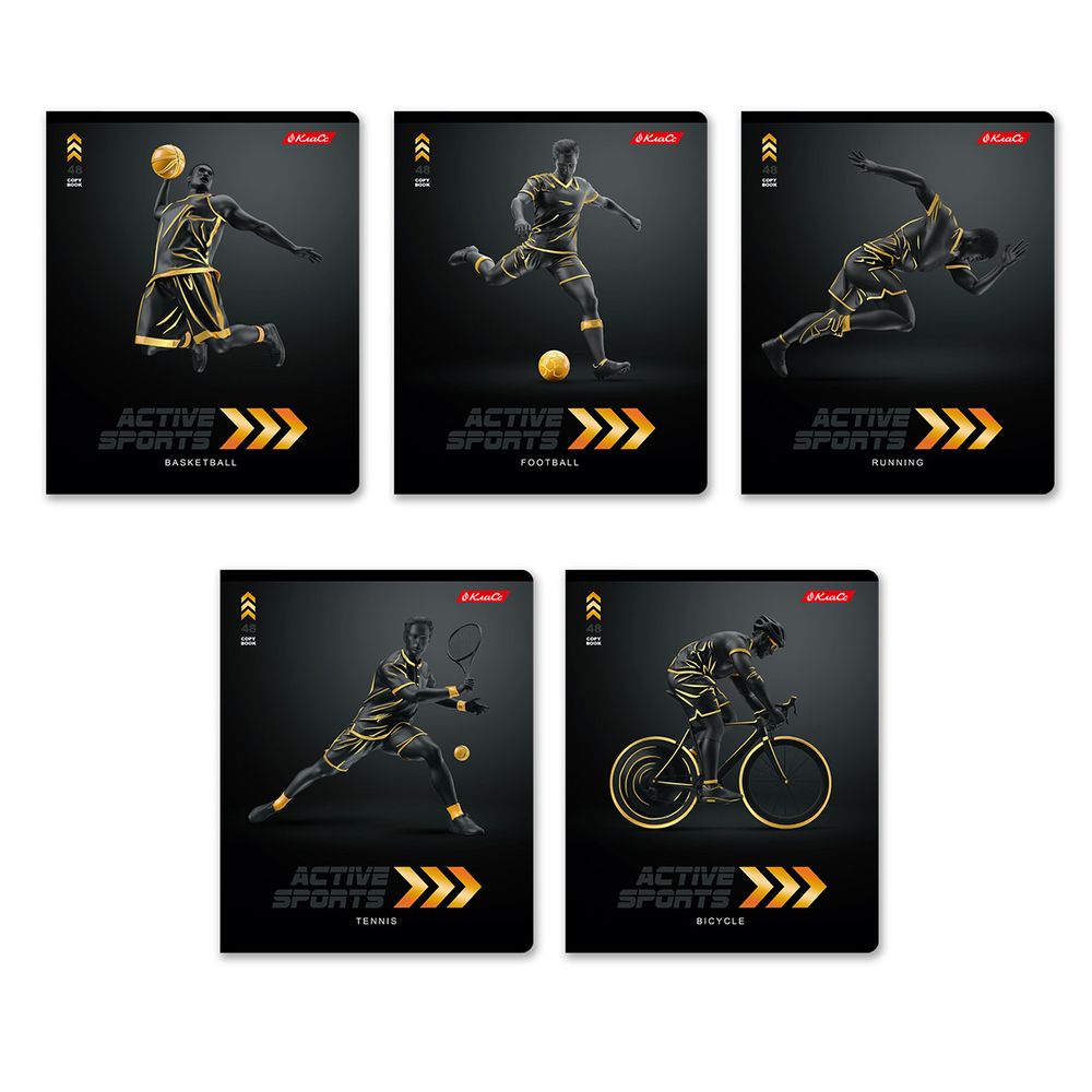 Тетрадь ученическая общая, матовая ламинация + тиснение золотой фольгой, A5+ 48 л. на скобе 65 г/м², белизна 100%, 10 шт, клетка в термоусадочной пленке, 000731 Активный спорт, Светоч 48ТЕТк-008