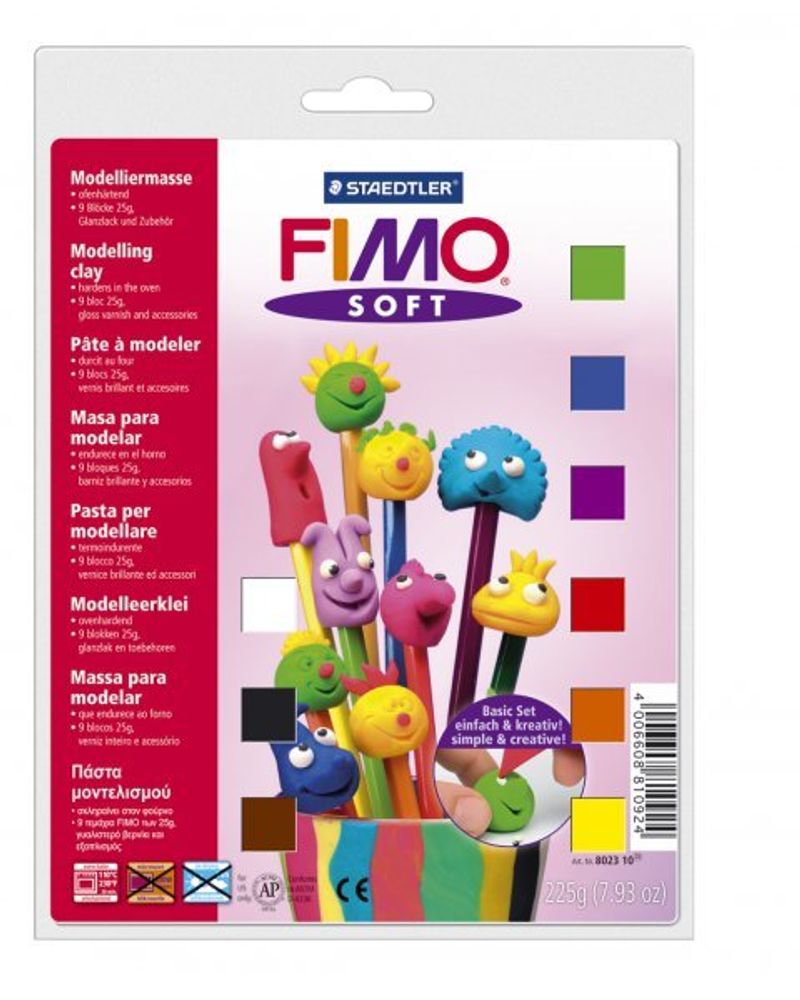 Основной упак полимерной глины Fimo Soft из 9 блоков по 25 гр. лак, инструмент, основа, 8023 10