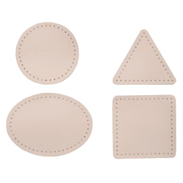 Набор заплаток пришивных из кожи, круг, квадрат, треугольник, овал 6см, с перфорацией, 4 шт (06 бежевый), 9723