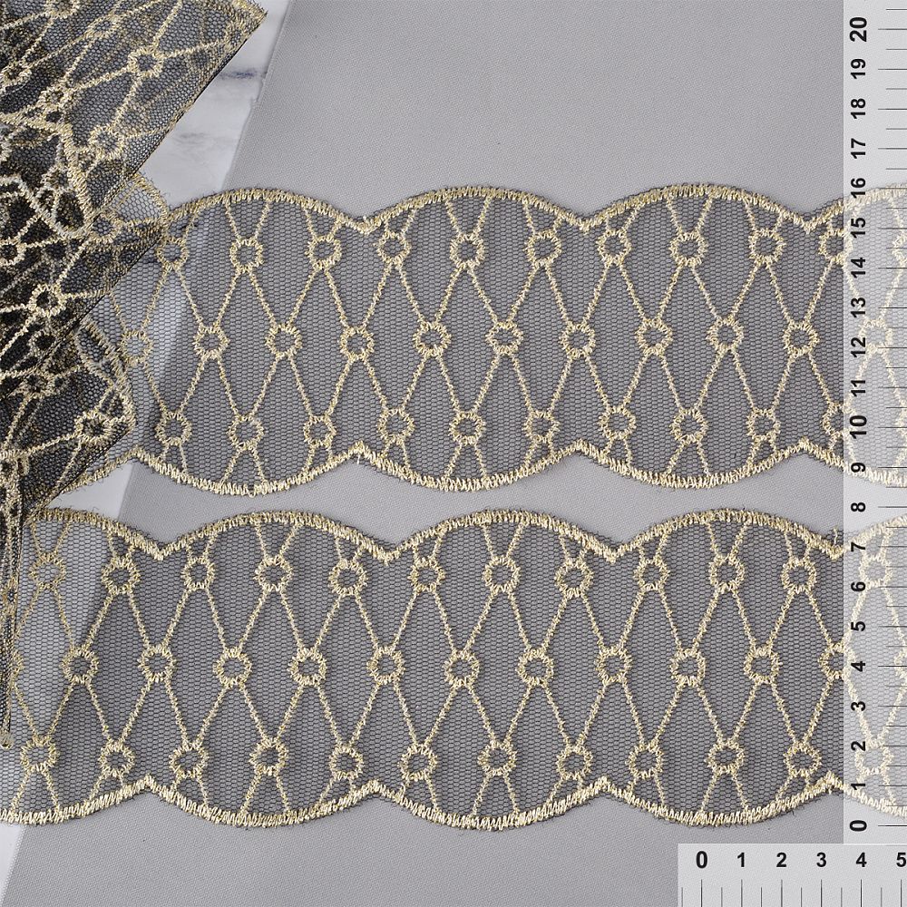 Кружево на сетке 80 мм, диз. 200, цв.черный/золото уп. 13.71 м, Kruzhevo