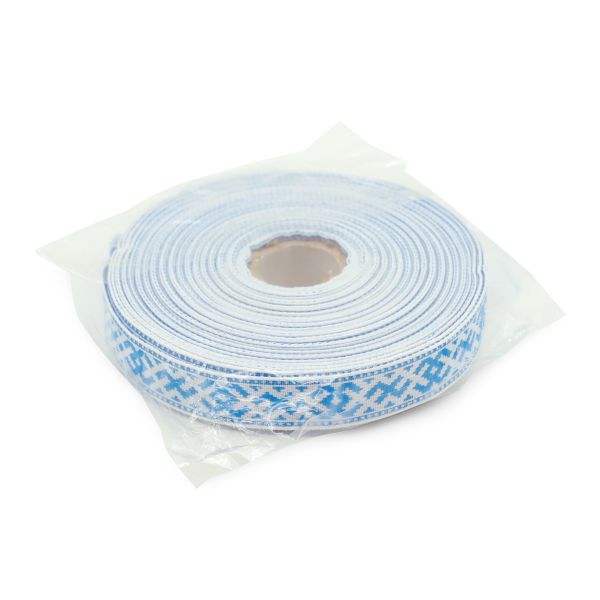 Лента (тесьма) жаккардовая 18.0 мм / 25±1 метров, Славянский орнамент Оберег, рис. 9711 (2 белый/голубой) С3771Г17
