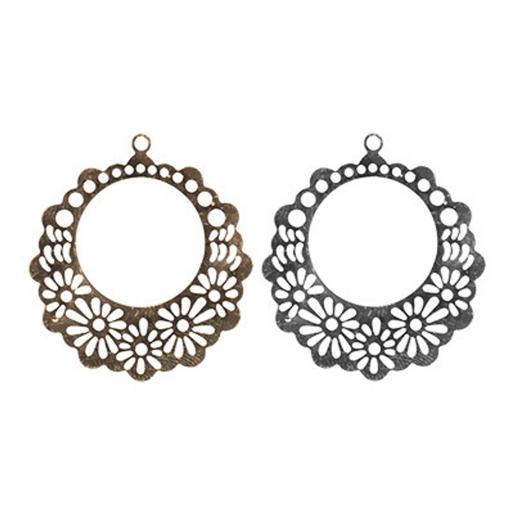 Филигранные элементы для бижутерии 3.4 см, круг с отверстием, 4 шт, серебро, Zlatka FDP-012