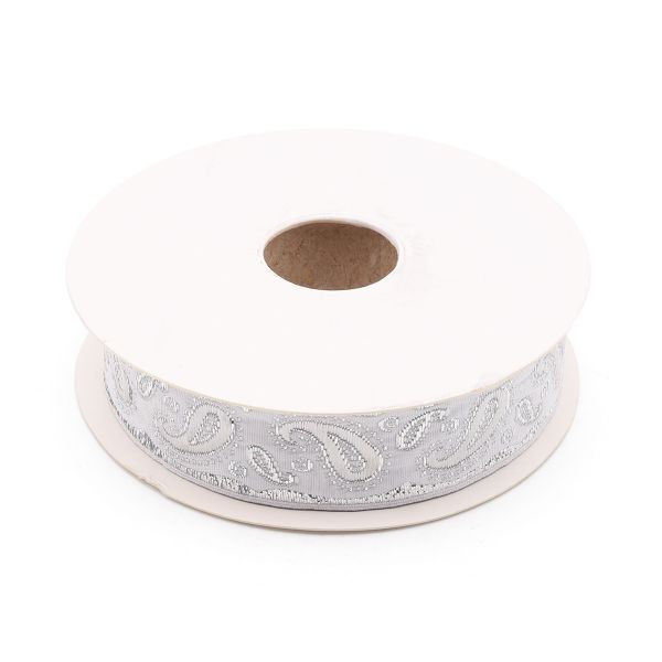 Лента (тесьма) жаккардовая 22.0 мм / 10±0.5 метров, Пейсли, 22807 белый/серебро
