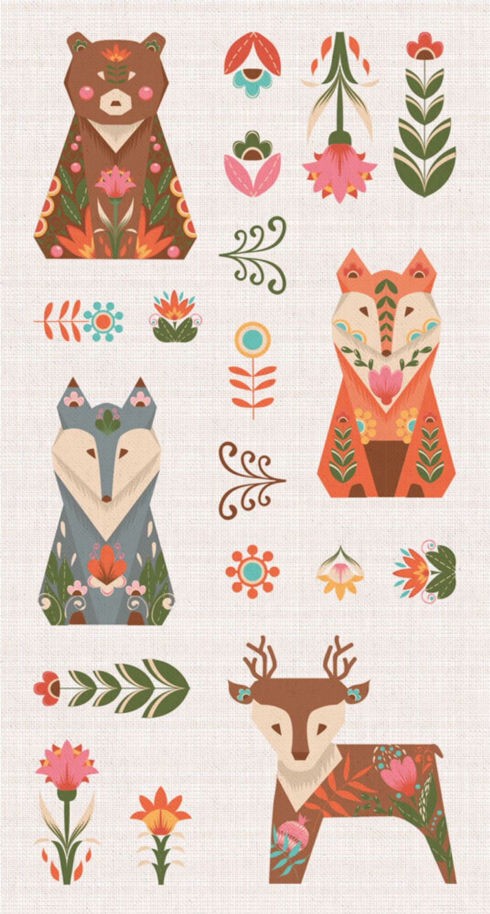 Ткань для пэчворка Peppy Лесные жители, рулон 112 см / 5 метров, ЛЖ-02 Панель белый, Peppy