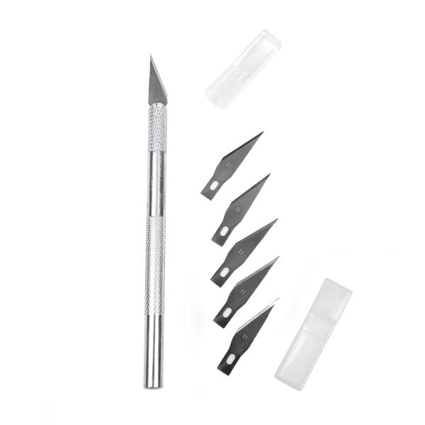 Нож макетный цанговый, алюминий + 5лезвий цв. серебро