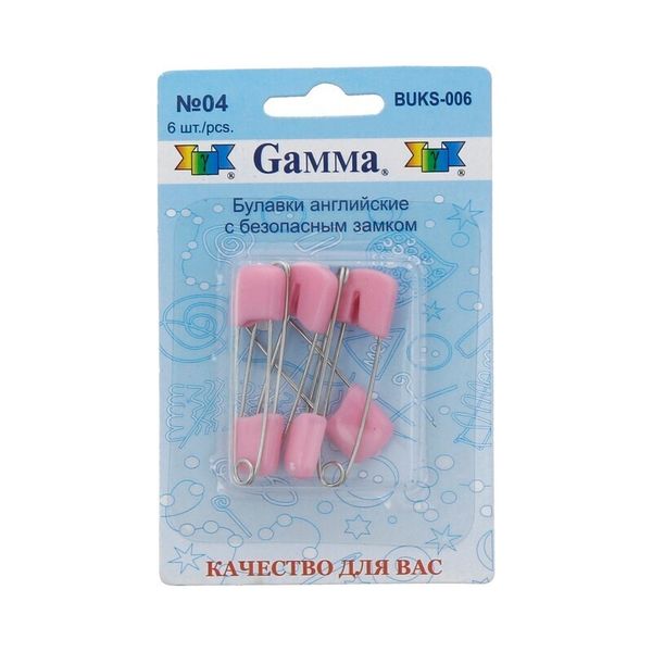 Булавки английские безопасные 40 мм, 6 шт, 04 розовый, Gamma BUKS-006