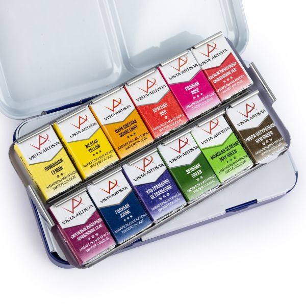 Акварель художественная, набор в металлической коробочке 12 цв, Цветочная симфония, палитра Марии Барановской, Vista-Artista VAWSM-12