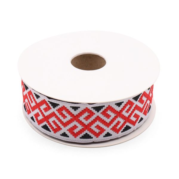 Лента (тесьма) жаккардовая 28.0 мм / 10±0.5 метров, Славянский орнамент, 28113 красный