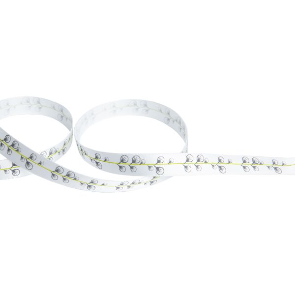 Лента атласная с рисунком 12.0 мм / 22.8 метров, P3/001 листочки/белый, Gamma ALP-122
