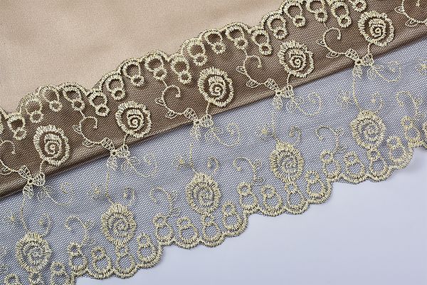 Кружево на сетке широкое 135 мм, диз. 204, цв.желтый/черный уп. 14,63 м, Kruzhevo