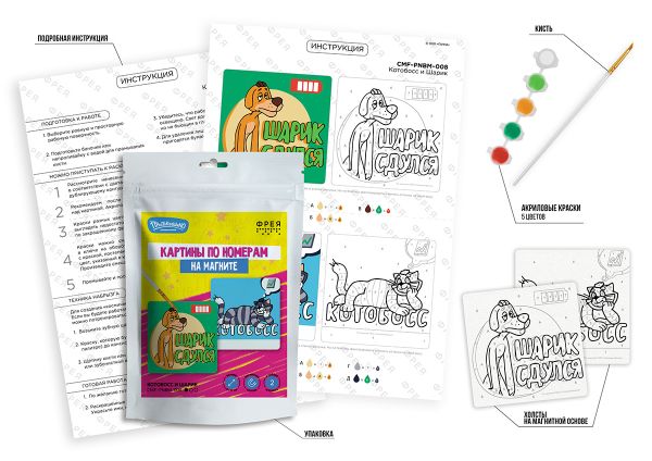 Картина по номерам Фрея, Союзмультфильм. Котобосс и Шарик, на магните, 9х9 см