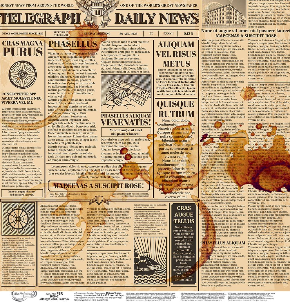 Бумага для скрапбукинга Вокруг меня. Газеты 190 г/м², 30.5х30.5 см, 10 шт, 2, Mr.Painter PSR 2606