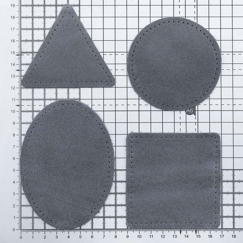 Набор заплаток пришивных из замши, круг, квадрат, треугольник, овал 8см, с перфорацией, 4 шт (26 серый), 59743