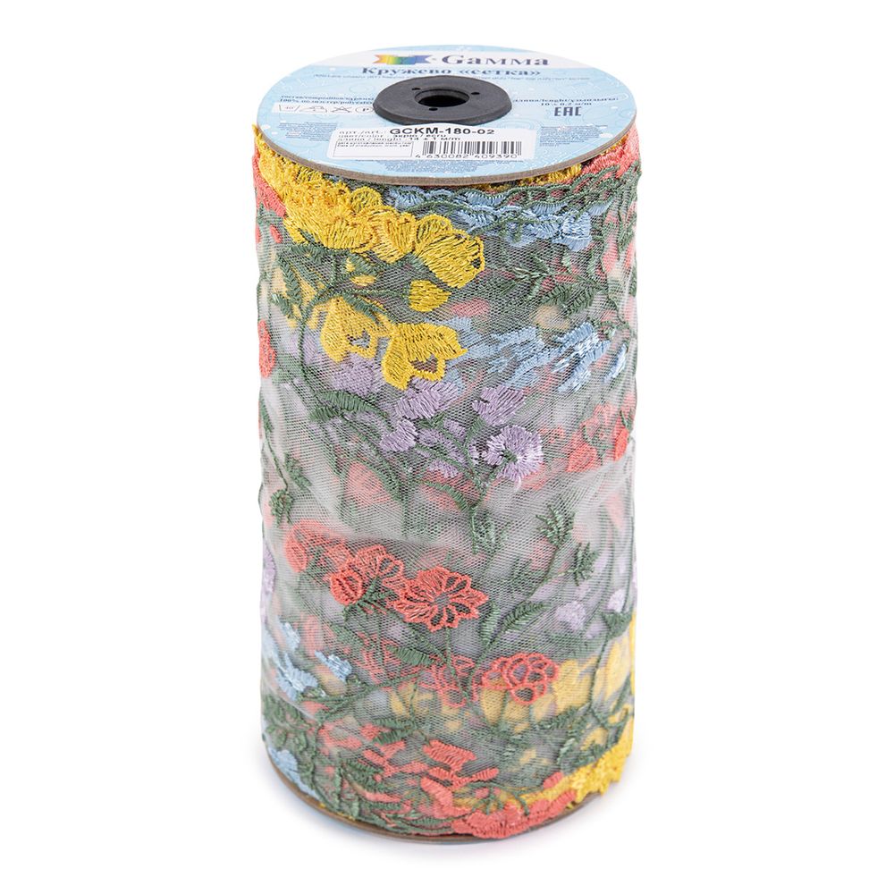 Кружево на сетке широкое 180 мм / 14 м, ±1 Турция, экрю, Gamma GCKM-180-02